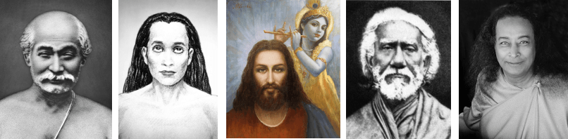 Ancient yoga lineage diagram showing Babaji, Lahiri Mahasaya, and Yogananda