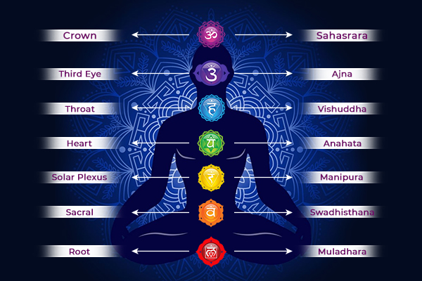 Diagram showing the seven chakras and kundalini energy pathway along the spine