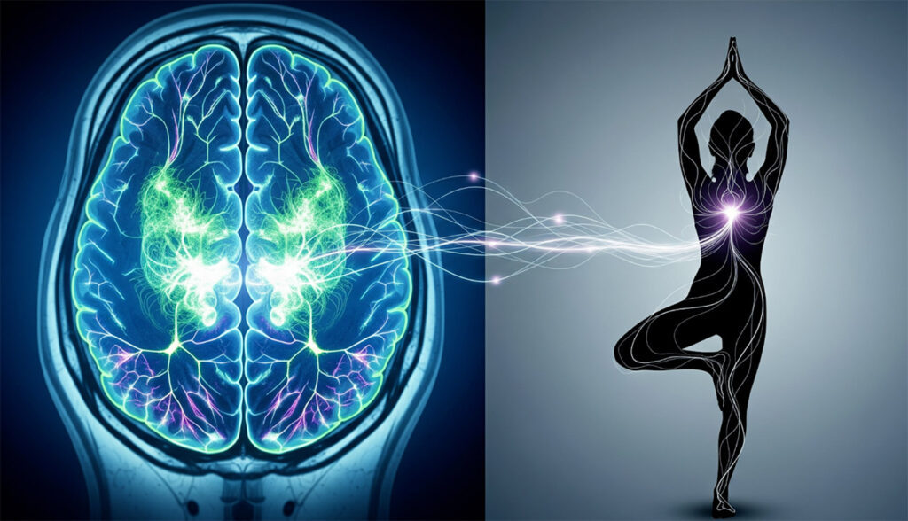 Infographic showing brain activity before and after restorative yoga