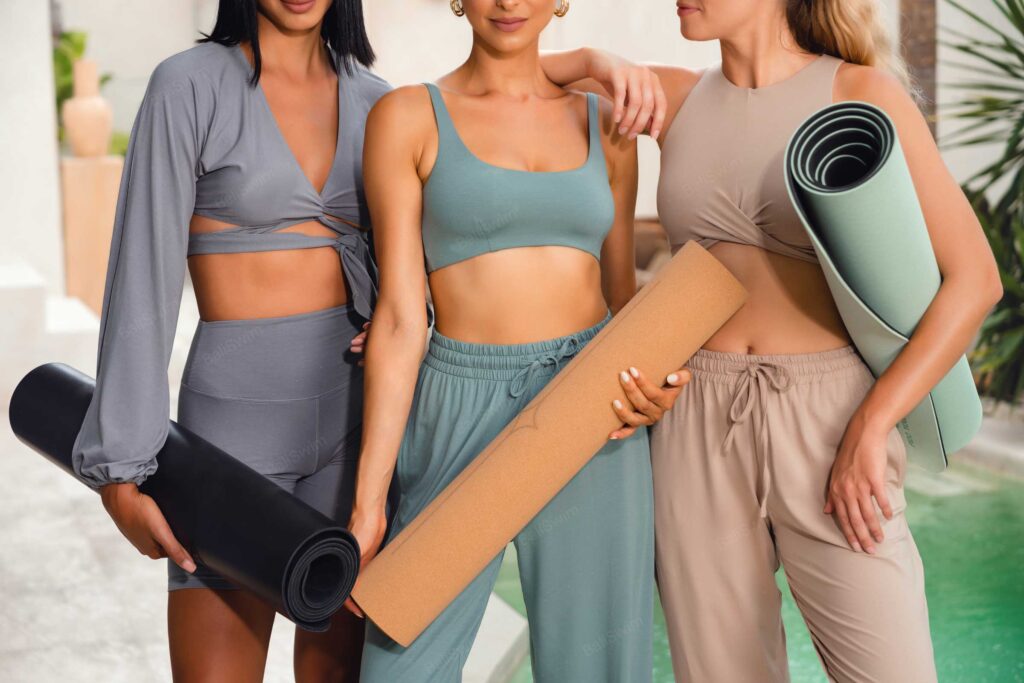 2026 hot yoga fashion trends collage showing prints, colors, and sustainable options