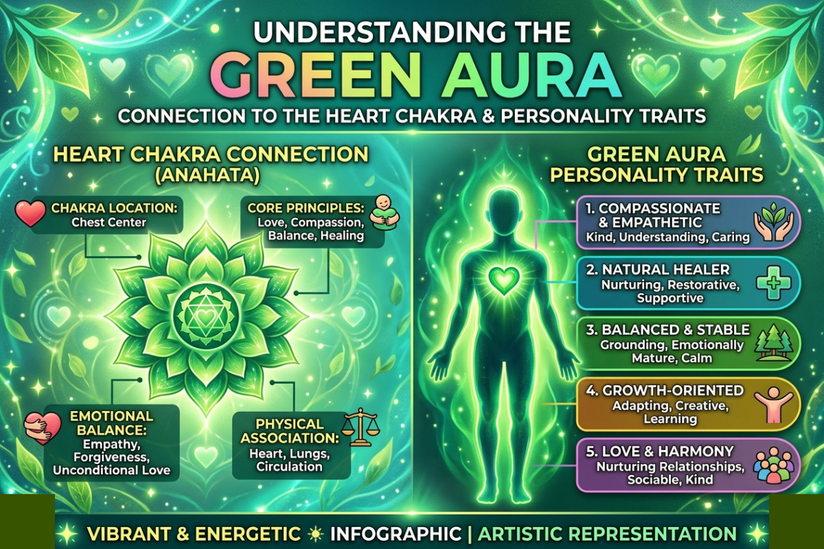 Green aura meaning chart showing heart chakra connection and personality traits