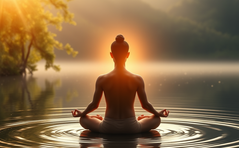 advanced meditator in lotus pose near lake, representing 7 stages of meditation progress and depth